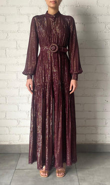 Womens | Tiya Viscose Georgette Gold Silver Stripe Lurex Long Dress With Buckle Belt - I | Burgundy
