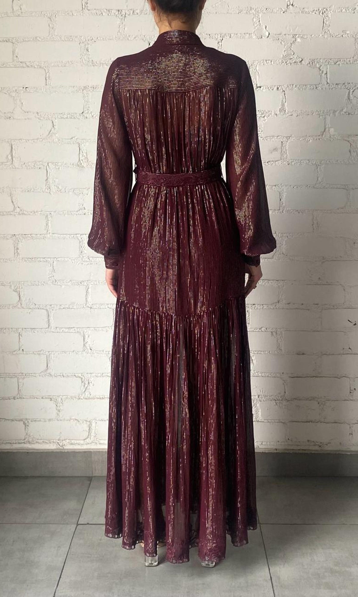 Womens | Tiya Viscose Georgette Gold Silver Stripe Lurex Long Dress With Buckle Belt - I | Burgundy