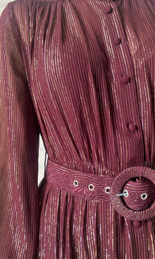 Womens | Tiya Viscose Georgette Gold Silver Stripe Lurex Long Dress With Buckle Belt - I | Burgundy