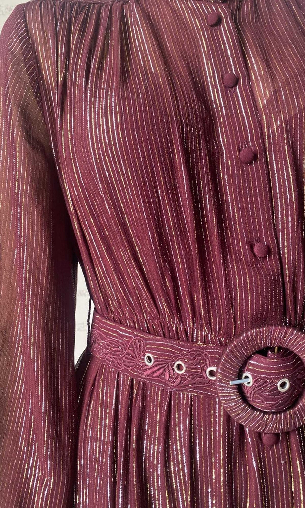 Womens | Tiya Viscose Georgette Gold Silver Stripe Lurex Long Dress With Buckle Belt - I | Burgundy