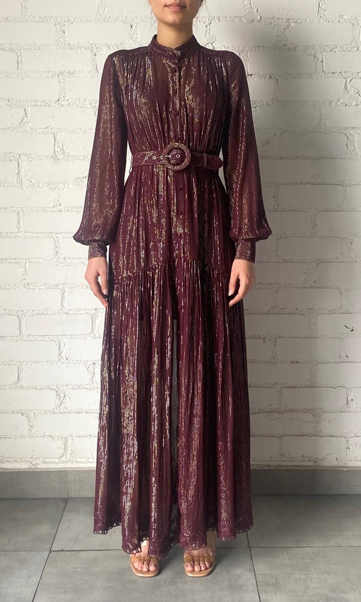 Womens | Tiya Viscose Georgette Gold Silver Stripe Lurex Long Dress With Buckle Belt | FA24 | Burgundy