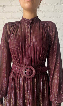 Womens | Tiya Viscose Georgette Gold Silver Stripe Lurex Long Dress With Buckle Belt | FA24 | Burgundy