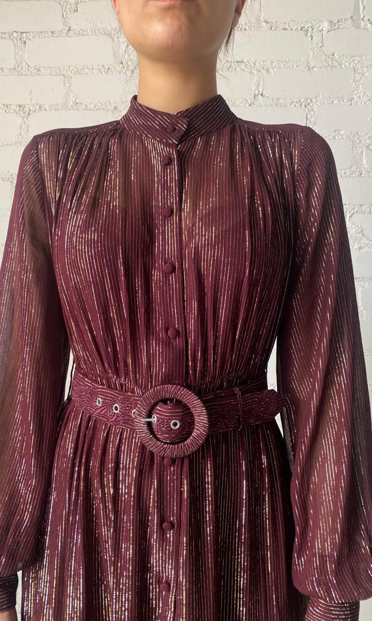 Womens | Tiya Viscose Georgette Gold Silver Stripe Lurex Long Dress With Buckle Belt | FA24 | Burgundy
