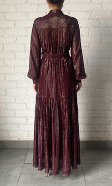 Womens | Tiya Viscose Georgette Gold Silver Stripe Lurex Long Dress With Buckle Belt | FA24 | Burgundy