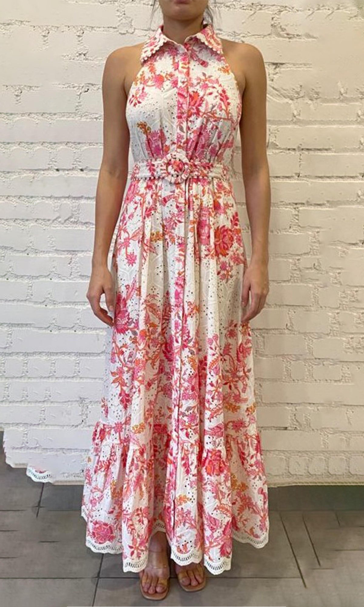 Womens | Tora Cotton Schiffli Long Dress With Buckle Belt | White Floral