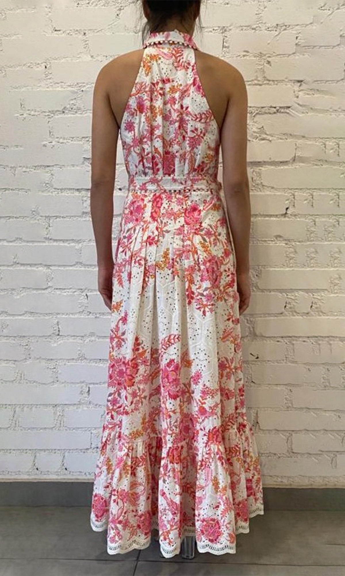 Womens | Tora Cotton Schiffli Long Dress With Buckle Belt | White Floral