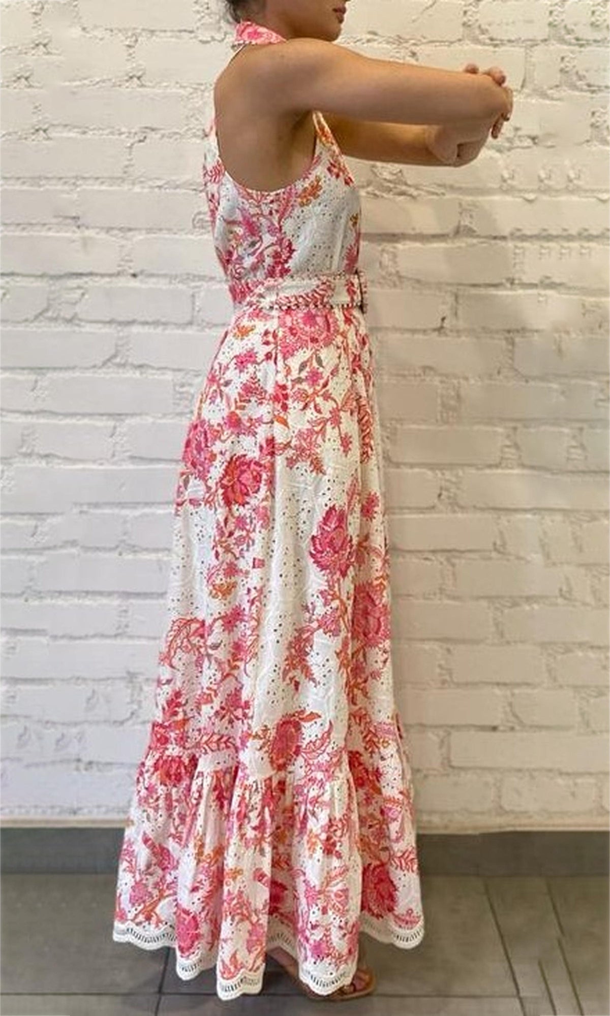 Womens | Tora Cotton Schiffli Long Dress With Buckle Belt | White Floral
