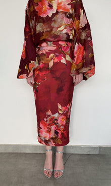 Womens | Tuhi Polyester Crepe Fitted Midi Skirt | Burgundy Multi