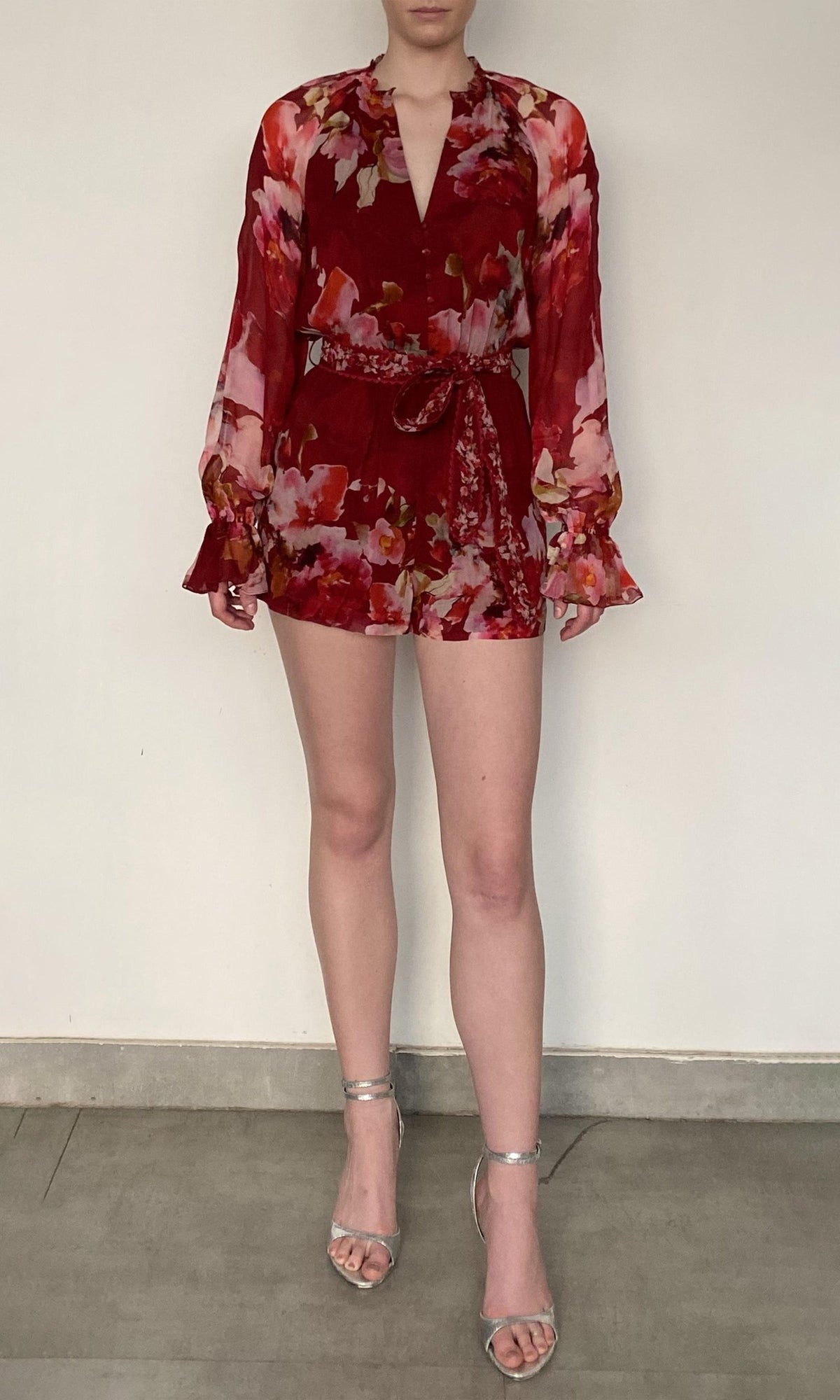 Womens | Tuhi Viscose Crinkle Chiffon Romper | Burgundy Multi