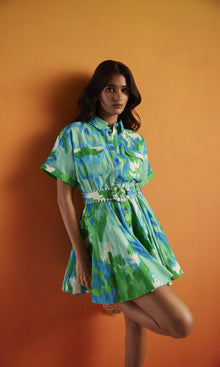 Womens | Vida Linen Cotton Short Dress With Buckle Belt | Blue Green