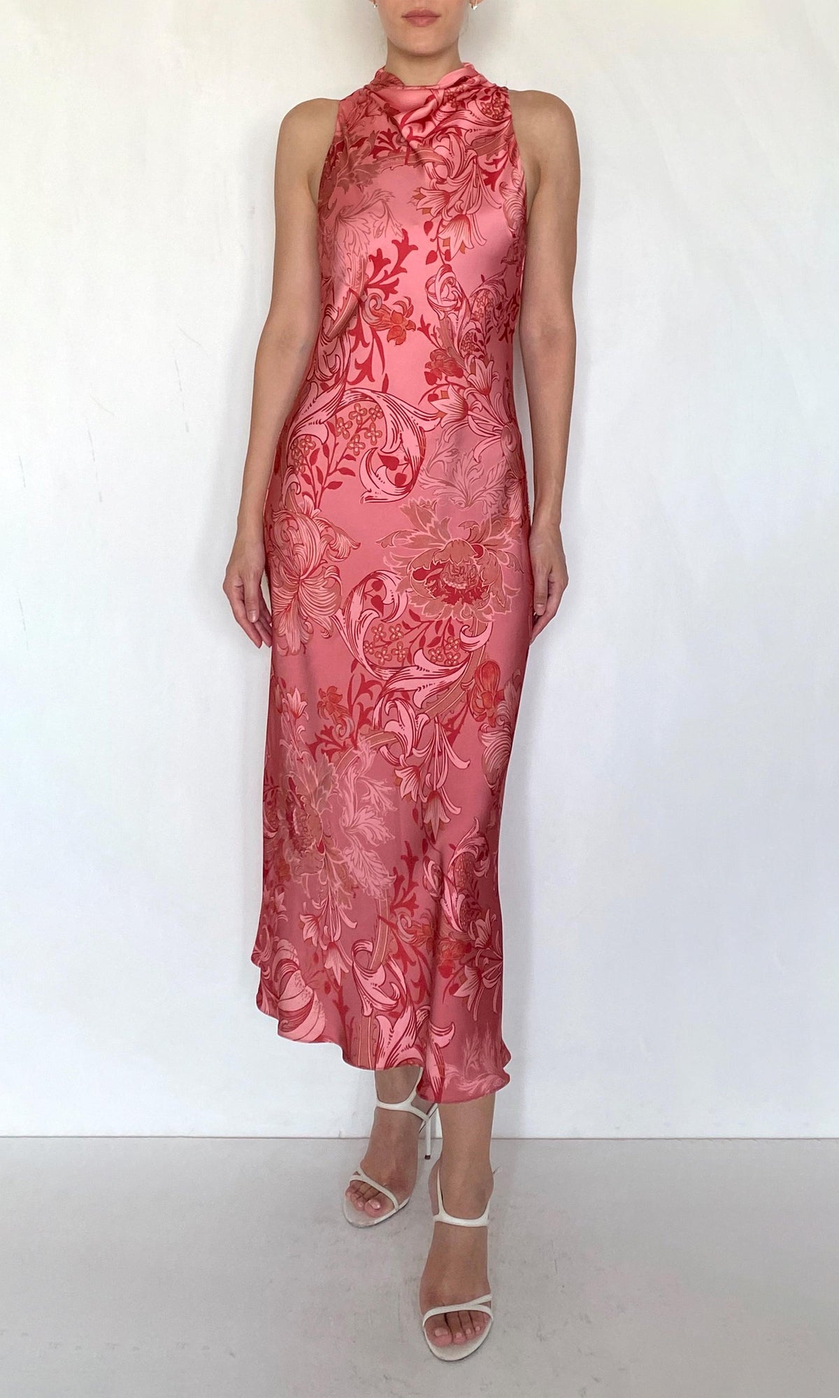 Womens | Vine Polyester Double Satin Cowl Midi Dress | Coral