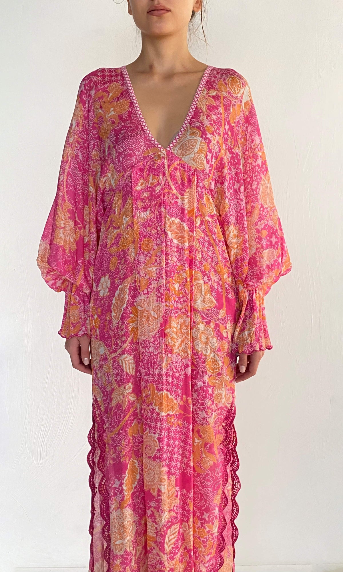 Womens | Xari Viscose Jacquard Kaftan | Pink Multi