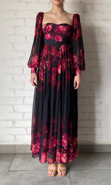 Womens | Zina Viscose Chiffon & Satin Corsetted Long Dress | Black Magenta