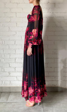 Womens | Zina Viscose Chiffon & Satin Corsetted Long Dress | Black Magenta
