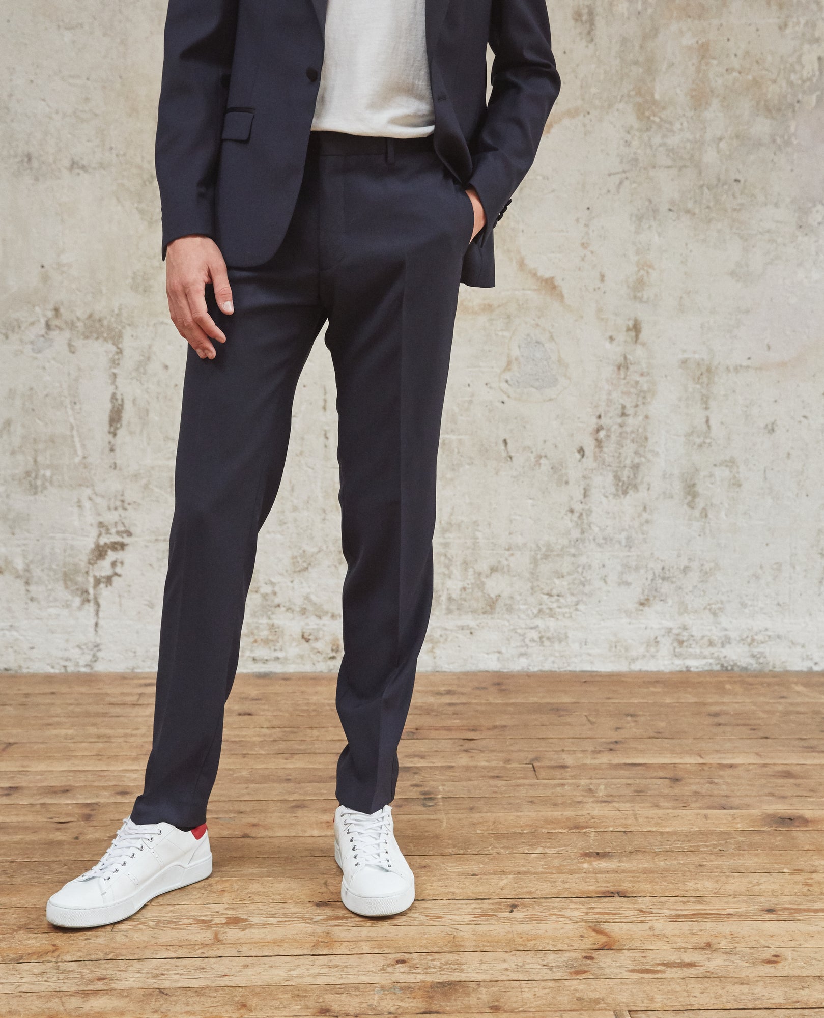 Wool Dinner Trousers With Black Satin Bands | Men | Navy Blue