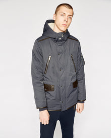 Two-Tone Parka With Leather Detailing | Men | Navy x Brown