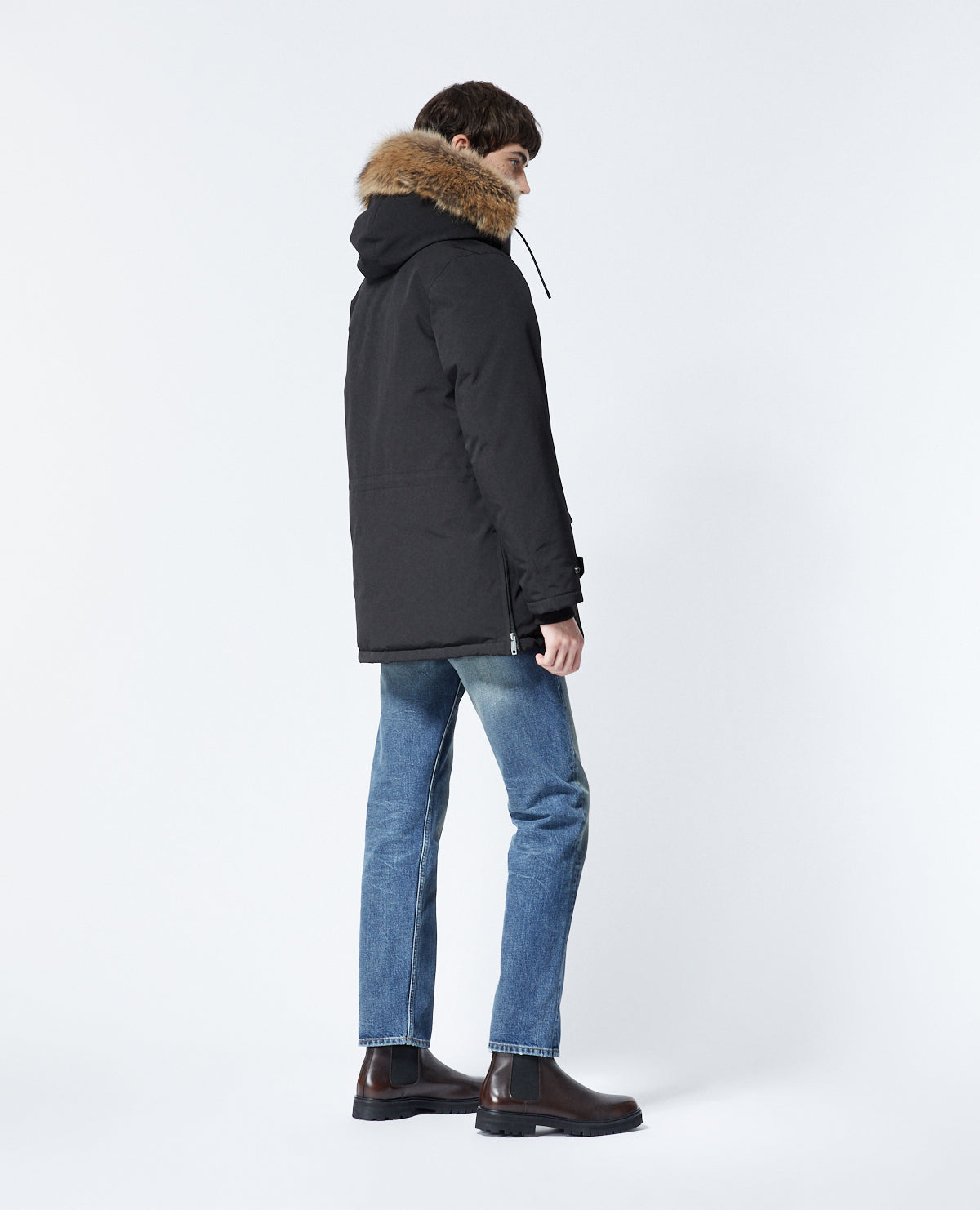 Long Parka With Leather Detail | Men | Black