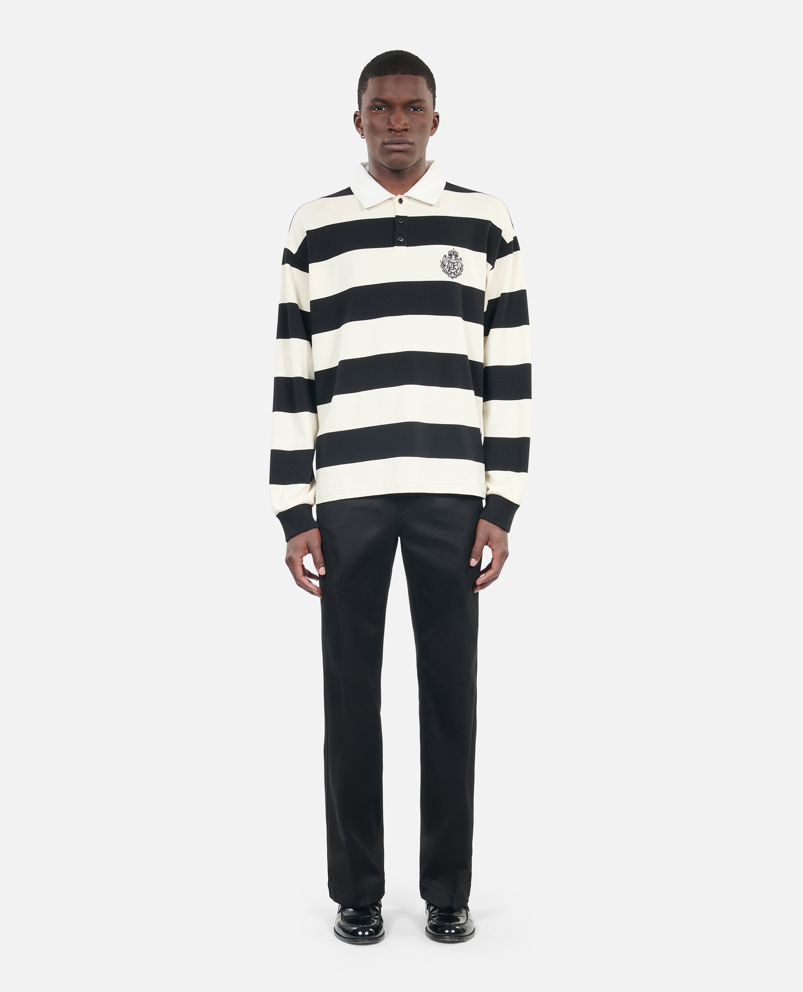 Long-Sleeved And Striped Polo T-Shirt | Men | Black x White