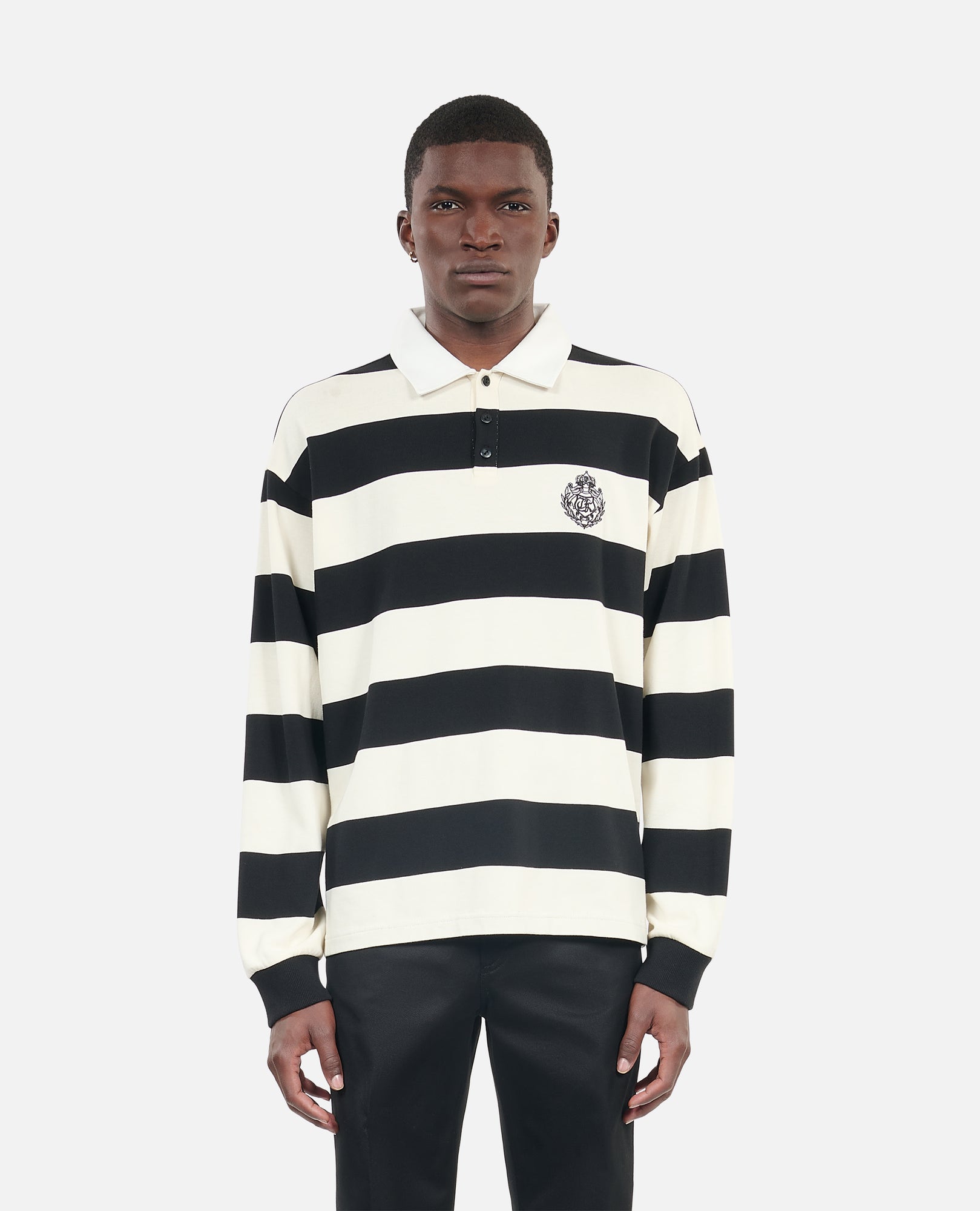 Long-Sleeved And Striped Polo T-Shirt | Men | Black x White