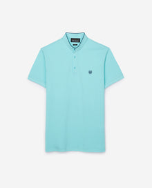 Collarless Cotton Polo With Blue Detailing | Men | Aqua Green x Petrole