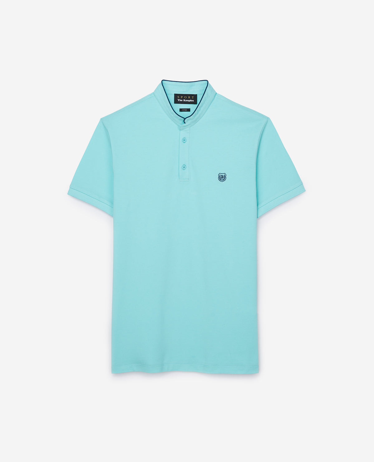 Collarless Cotton Polo With Blue Detailing | Men | Aqua Green x Petrole