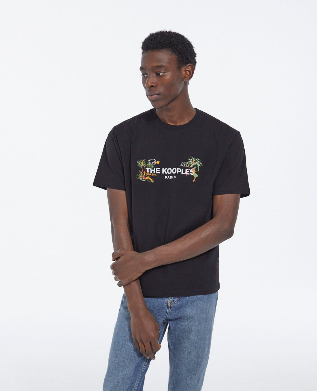 Crew Neck T-Shirt With Hawaiian Motif | Men | Black