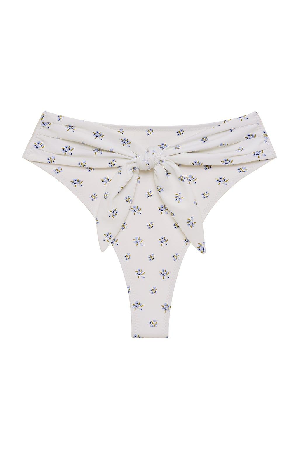 Cream bikini bottom with small blue and yellow floral print and tie-up detail at center waist.