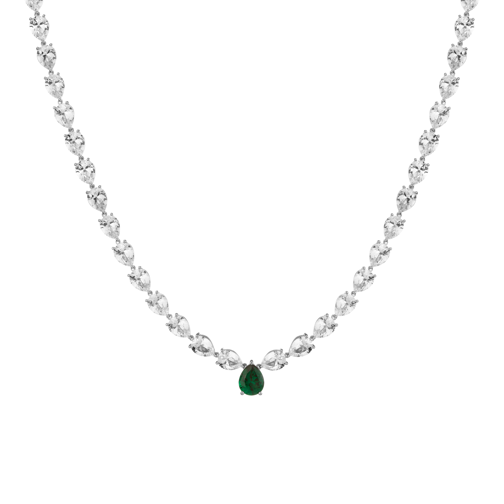 Lab Grown White Sapphire and Green Emerald Pear Tennis Necklace Vermeil White Gold 16in First
