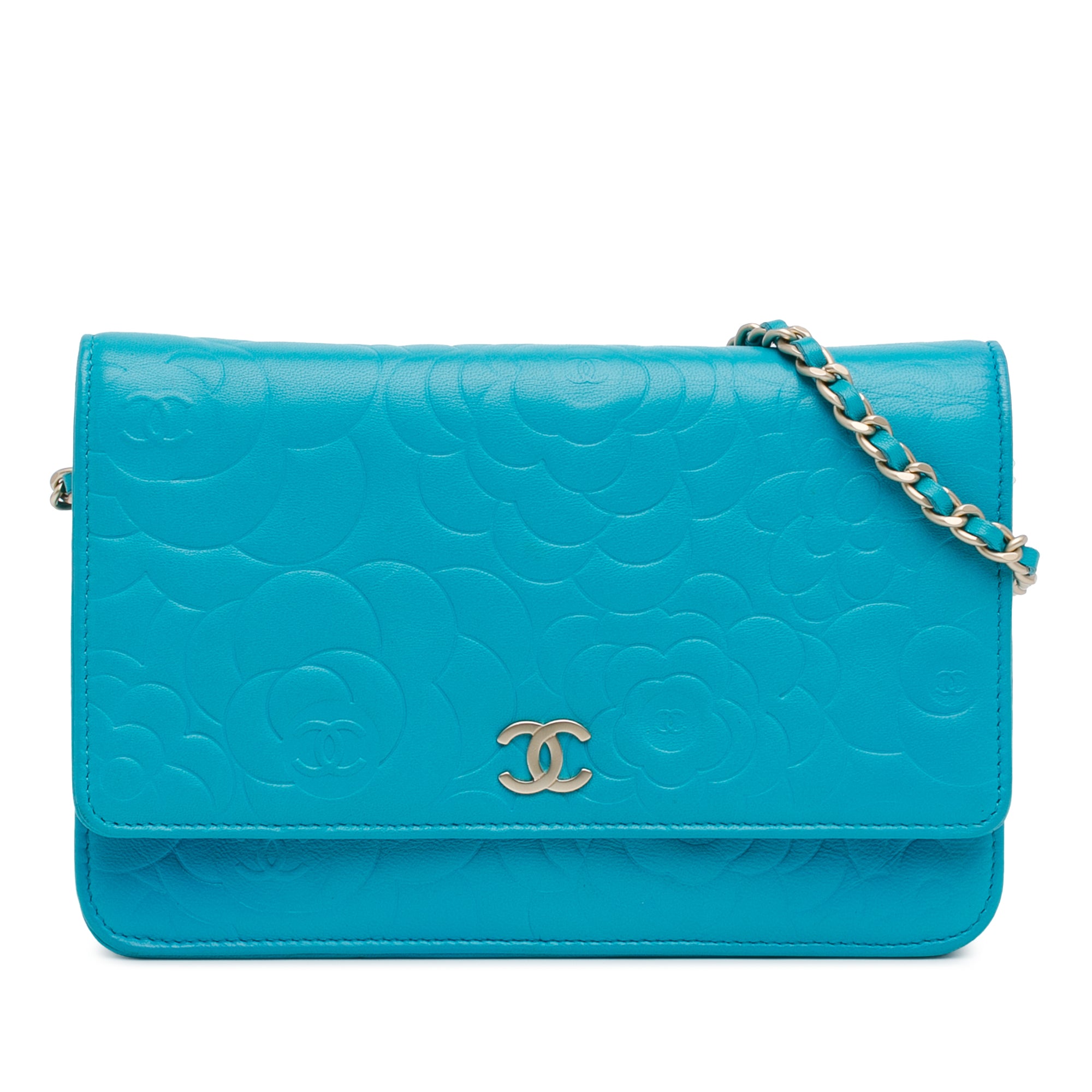 Chanel | Pre-Owned Lambskin Camellia Embossed Wallet On Chain | Blue/Aqua