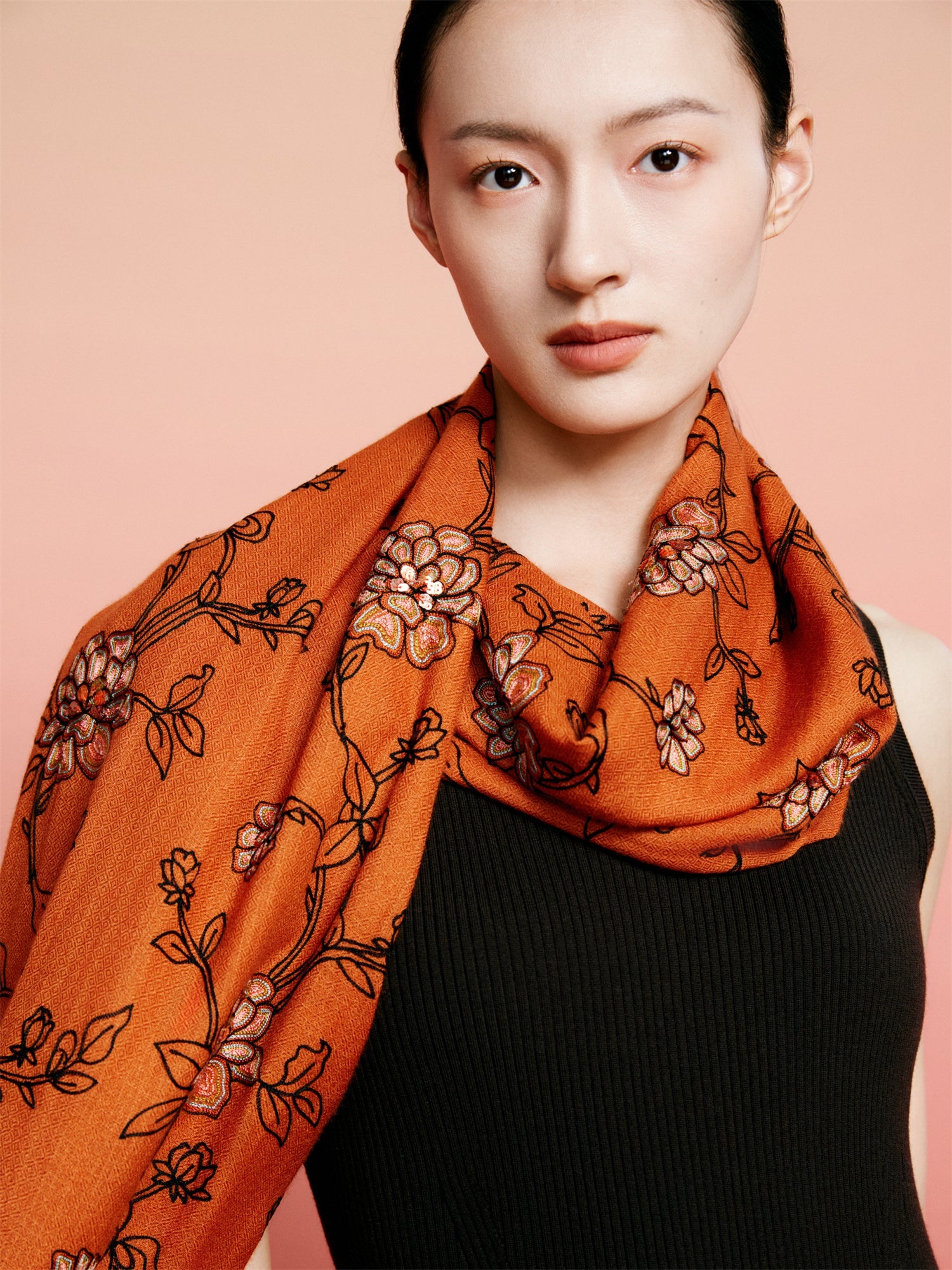 India Co-Creation Embroidered Cashmere Scarf Shawl | Vibrant Orange