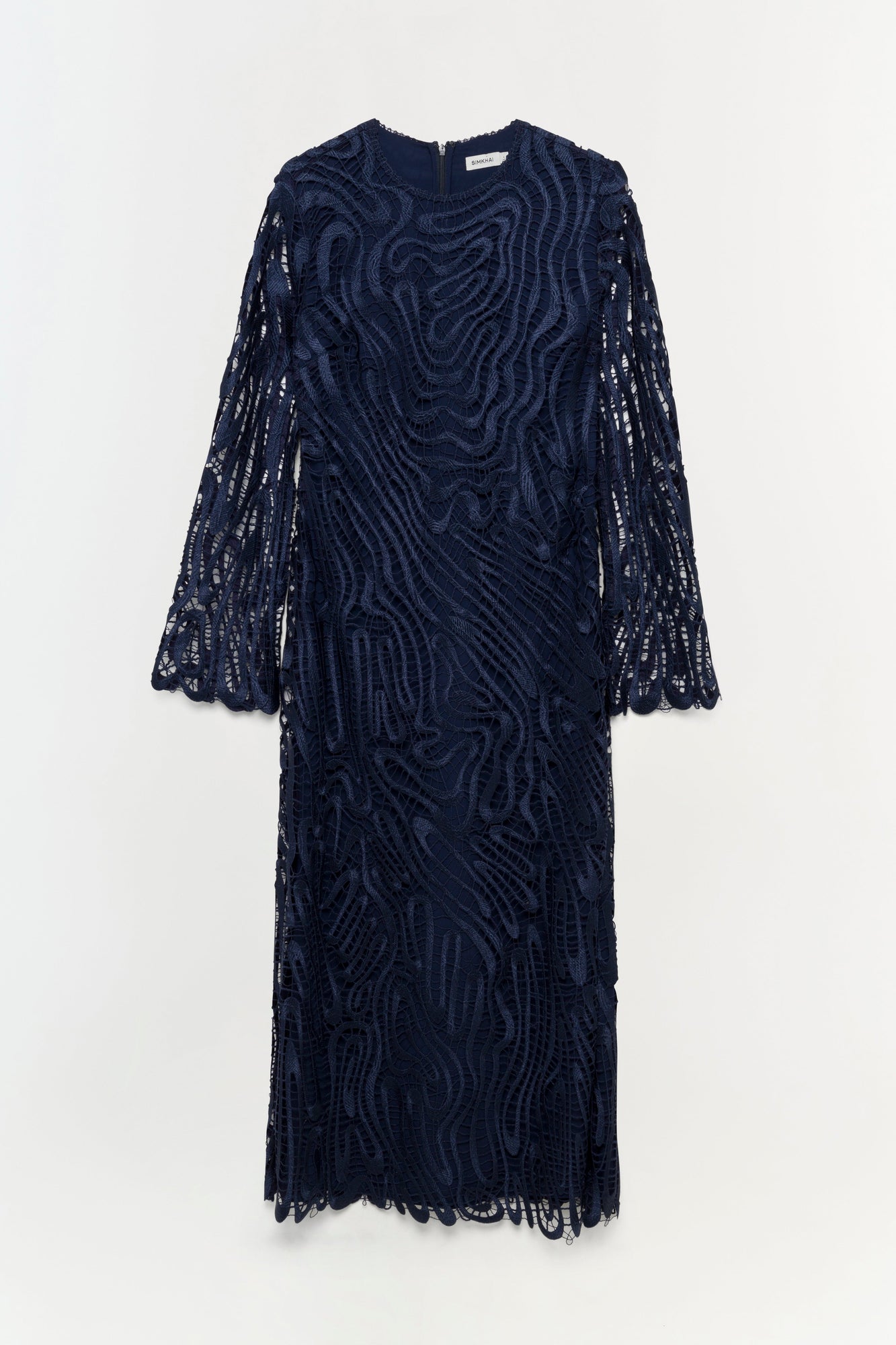 Navy lace midi dress with wavy pattern and bell sleeves featuring openwork detailing throughout.