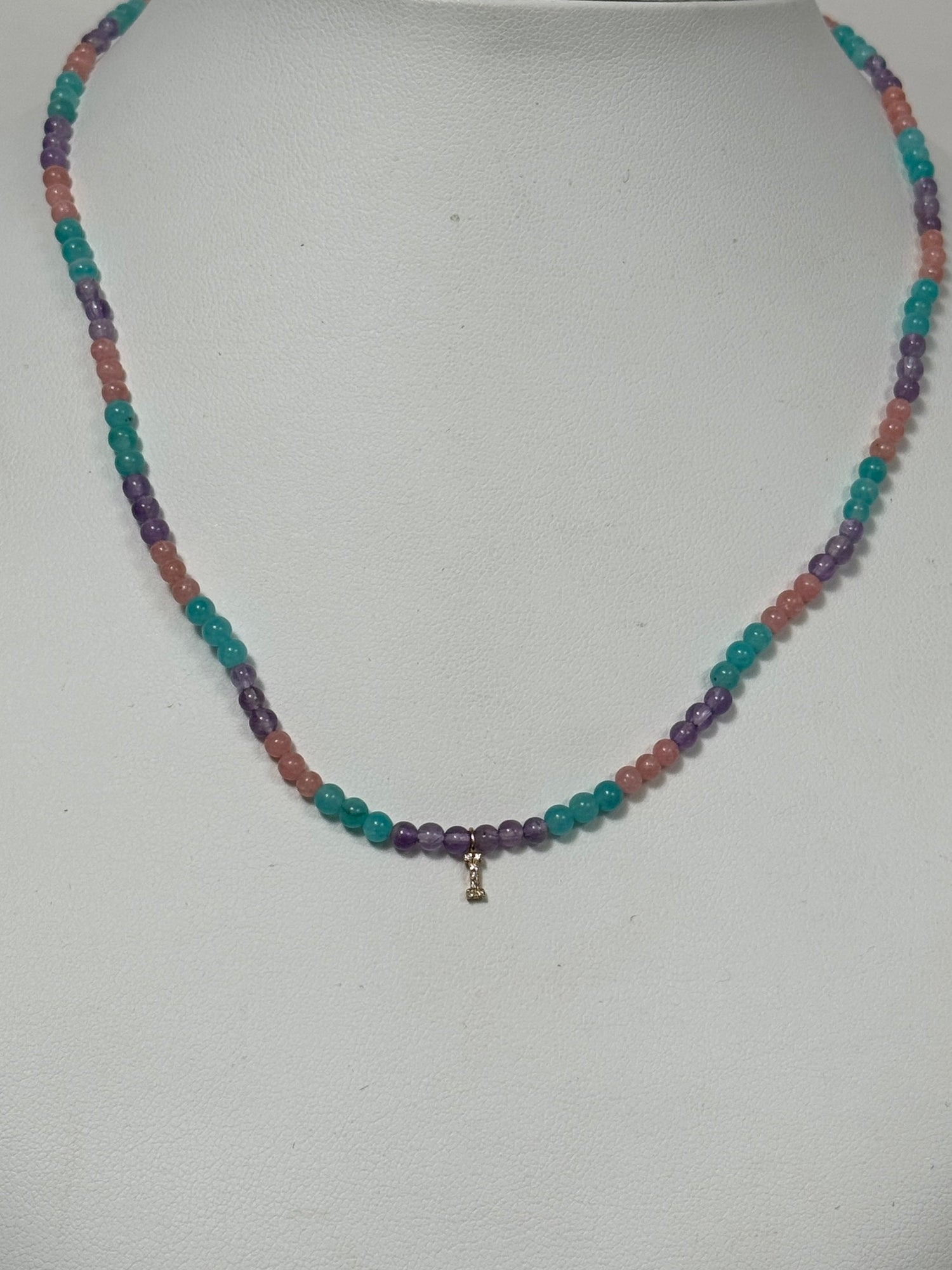 Unicorn Beaded Diamond Initial Necklace | 10K Yellow Gold | 0.03 CTW (Approx) Multicolor Diamond/Diamond/Agate/Rose Quartz/Jade Leaf/Aragonite