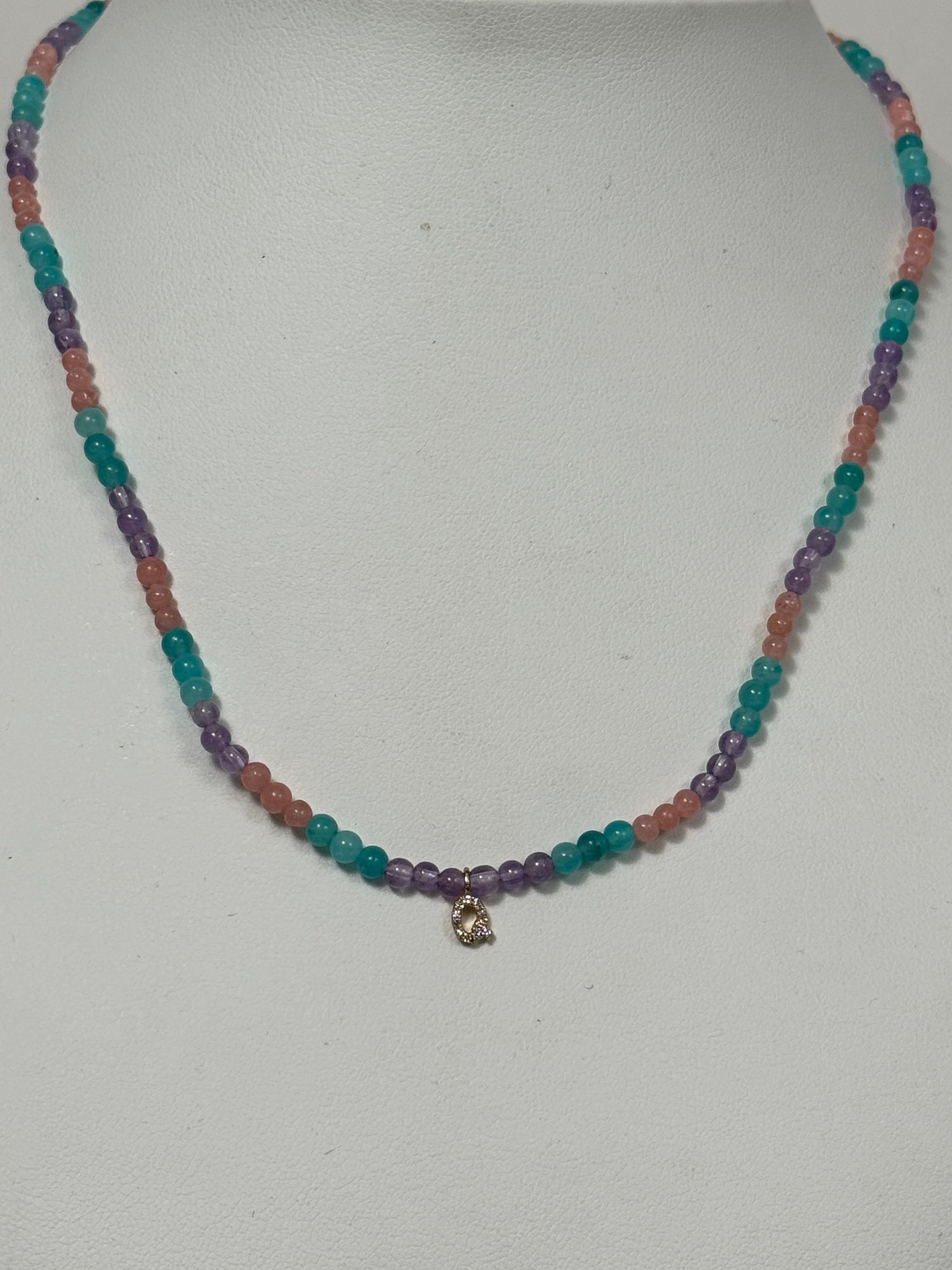 Unicorn Beaded Diamond Initial Necklace | 10K Yellow Gold | 0.03 CTW (Approx) Multicolor Diamond/Diamond/Agate/Rose Quartz/Jade Leaf/Aragonite