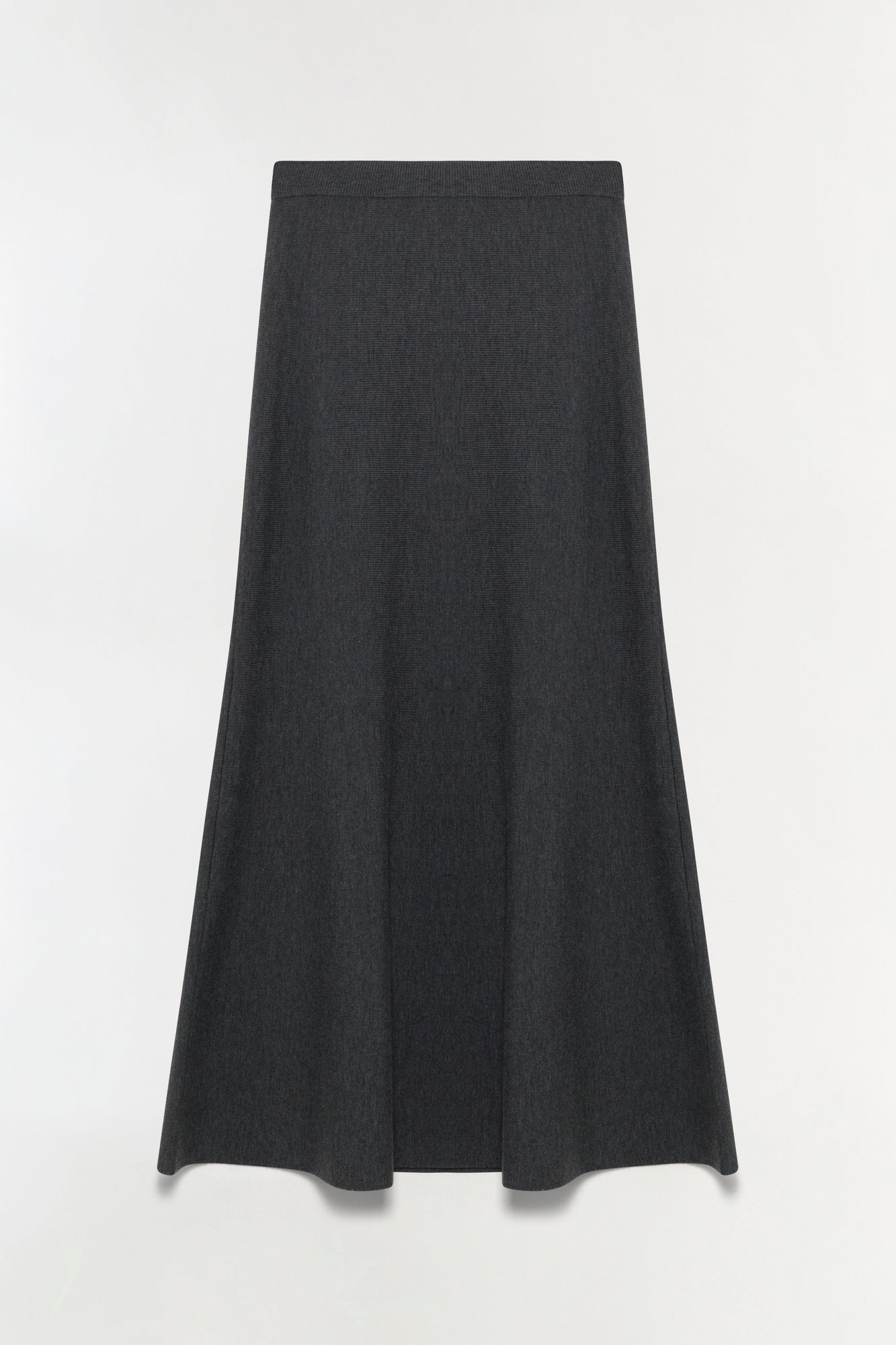 Charcoal gray wool skirt with A-line silhouette and elasticated waistband.
