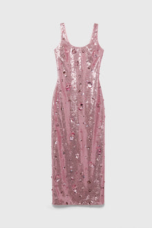 Pink sequin sleeveless gown with all-over embellishment and scoop neckline.
