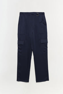 Navy blue cargo pants with multiple pockets, belt loop, and straight leg silhouette.