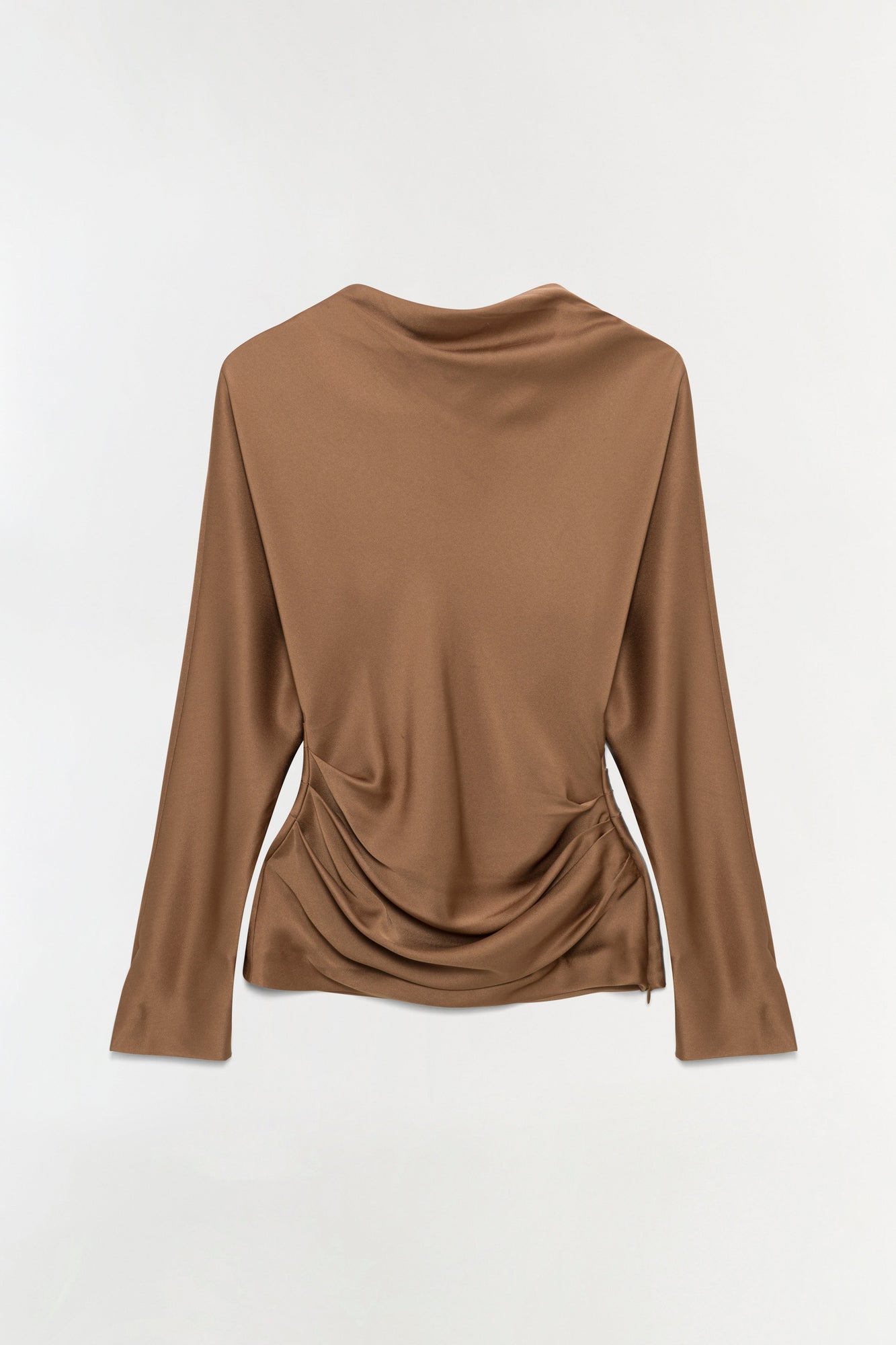 Camel satin top with long sleeves and ruched side detail at the waist.