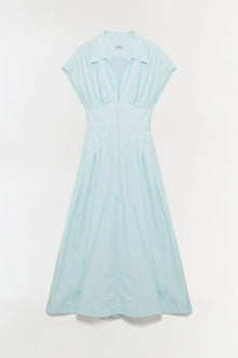 Light blue cotton faille midi dress with short sleeves, collar, front button closure, and full skirt.