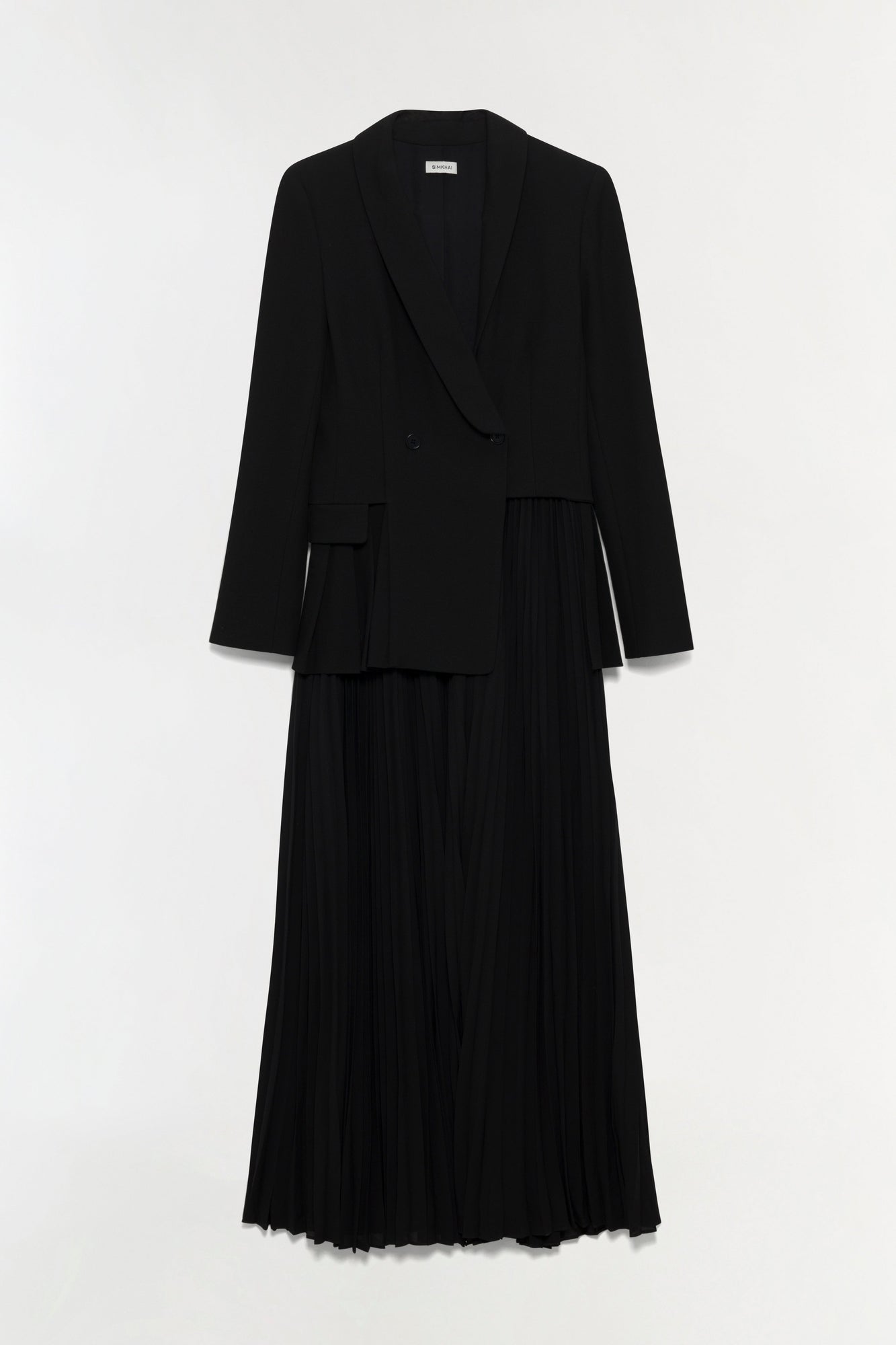 Black blazer midi dress with double-breasted front and pleated skirt bottom.