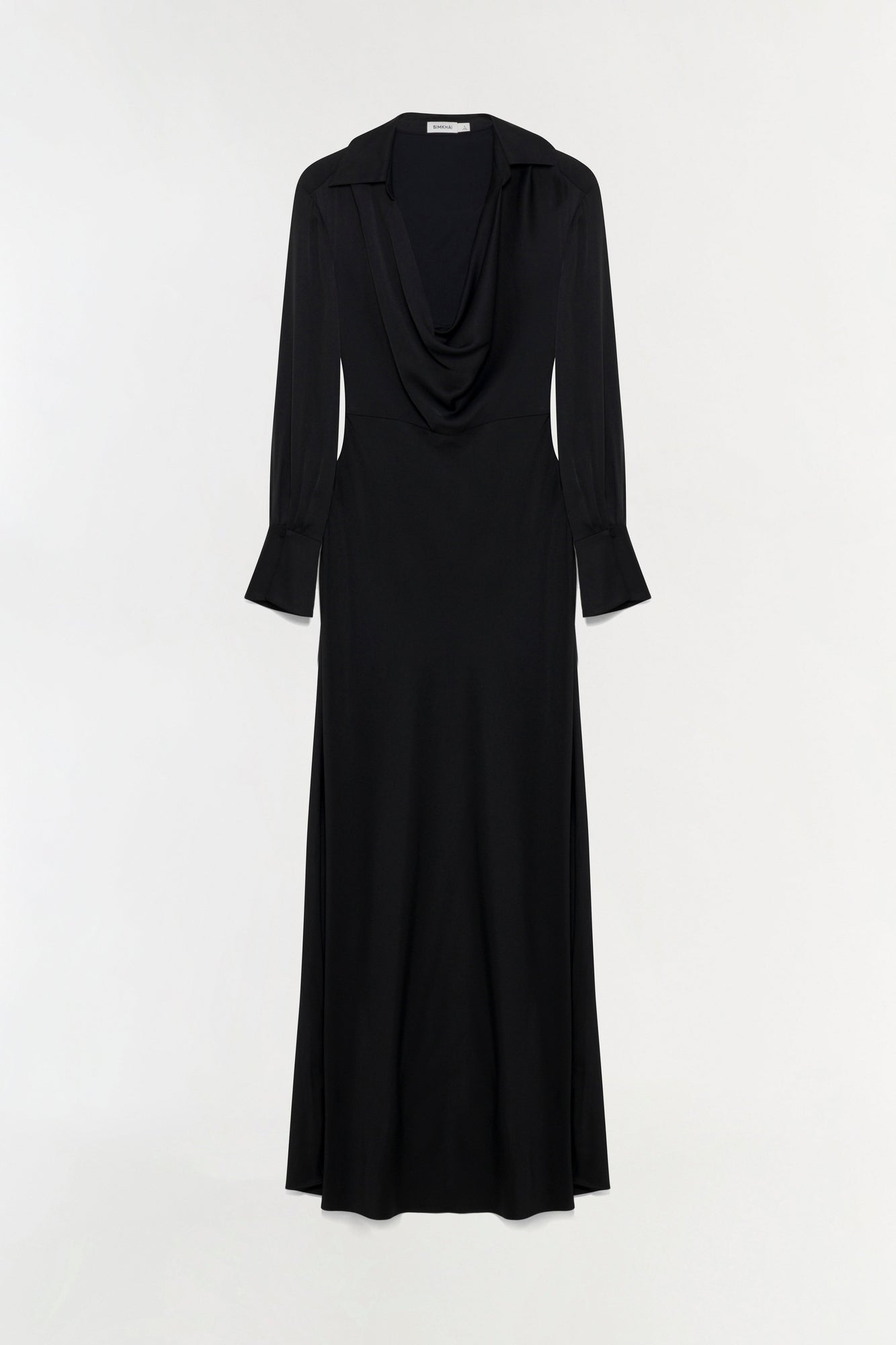 Black satin gown with draped cowl neckline, long sleeves with cuffs, and floor-length A-line skirt.