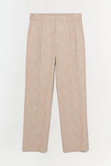 Beige linen pants with pleated front and straight leg cut.