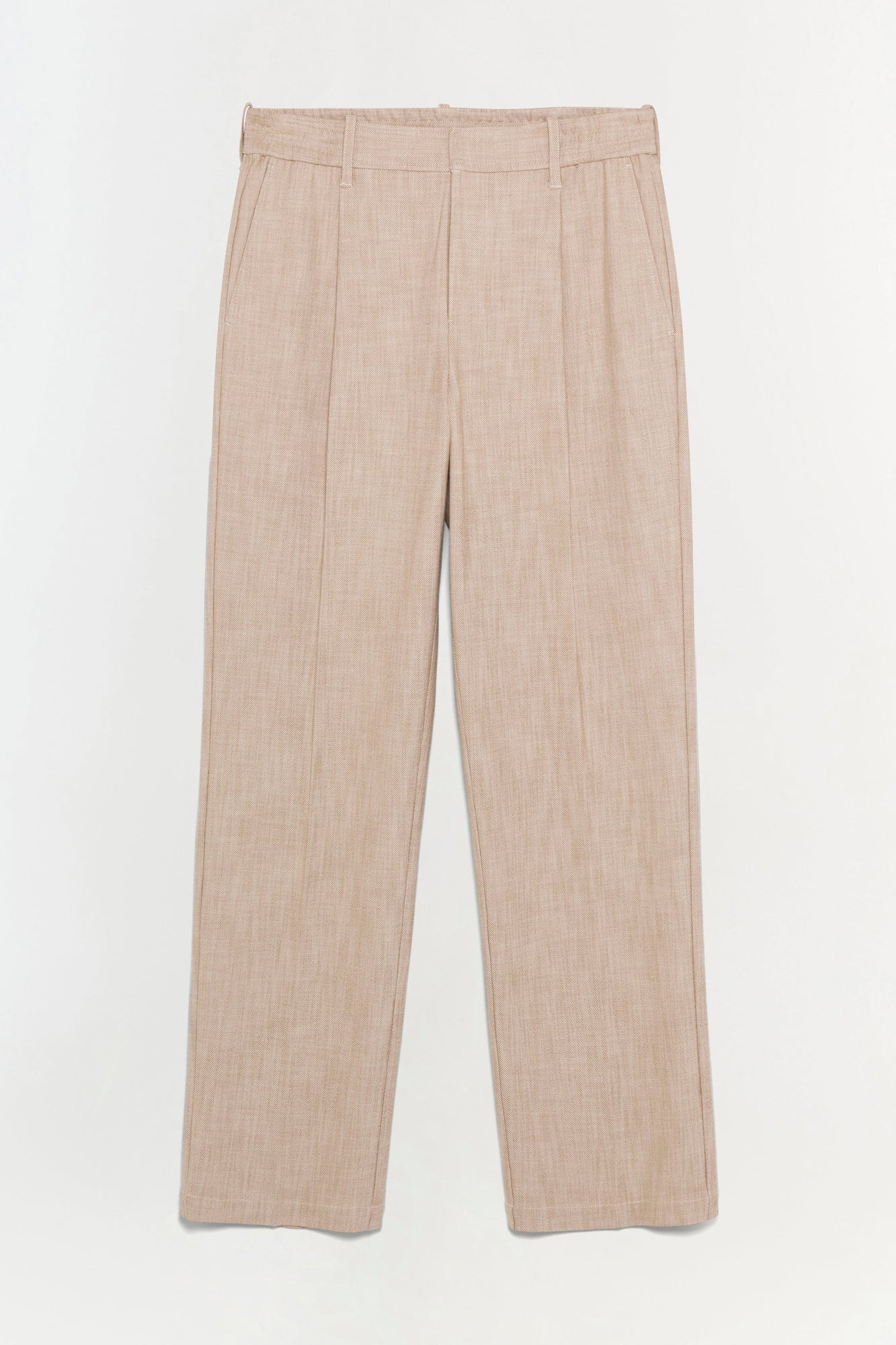 Beige linen pants with pleated front and straight leg cut.