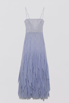Lavender lace gown with thin straps, beaded bodice detail, and pleated handkerchief hem skirt.