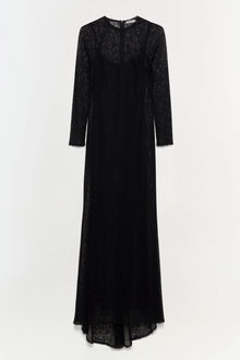 Black lace long-sleeve gown with crew neckline and floor-length skirt.