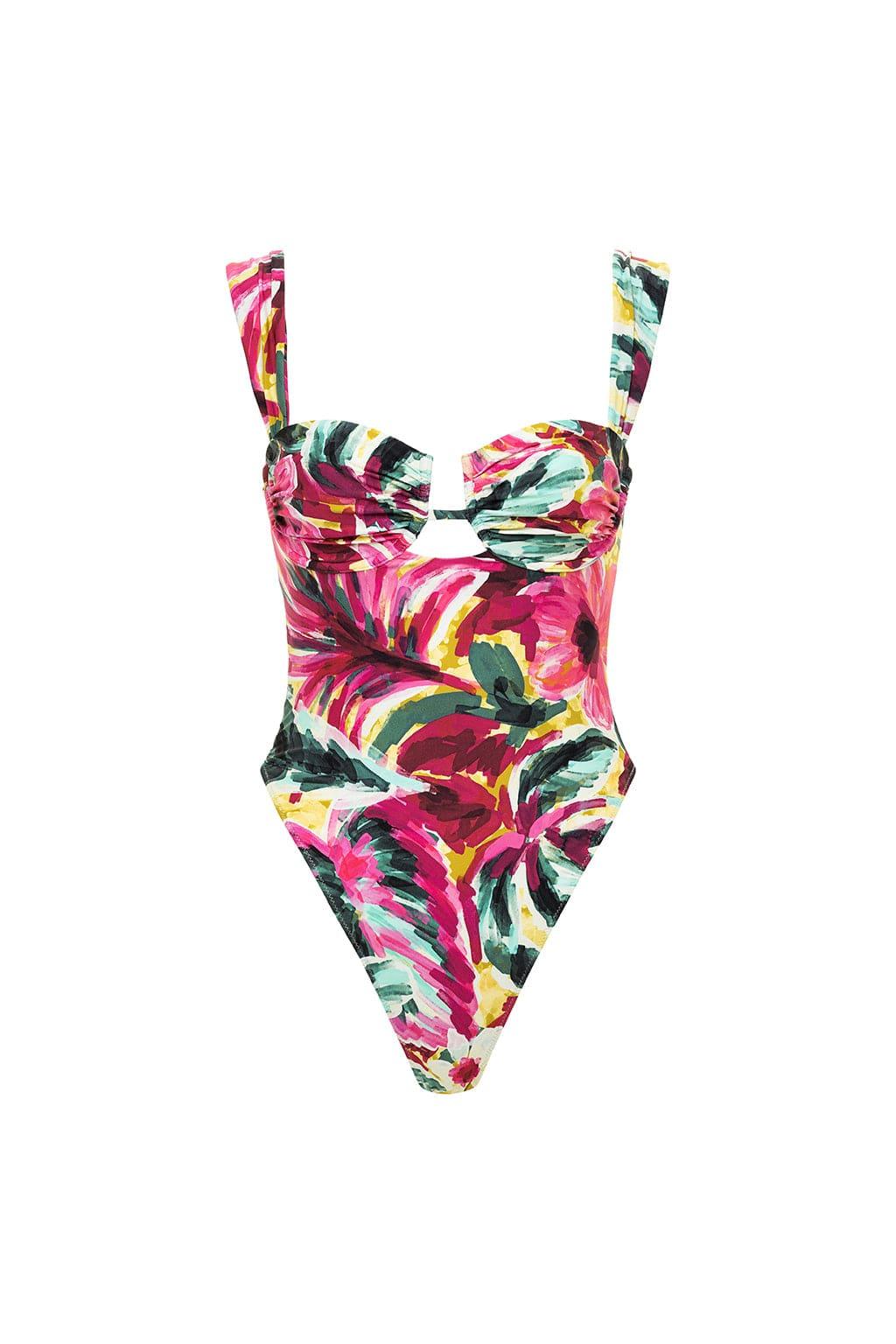 Colorful floral one-piece swimsuit with pink, yellow, and green abstract print and square neckline with ruching detail.