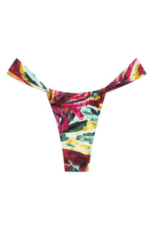 Colorful floral print bikini bottom with pink, yellow, green, and burgundy brush stroke pattern and tie-side details.