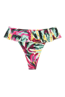 Colorful floral bikini bottom with ruffled waistband in pink, green, yellow, and black brushstroke print.