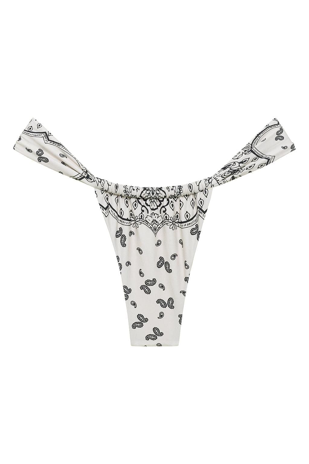 Cream-colored bikini bottom with black bandana paisley print and decorative waistband ties.