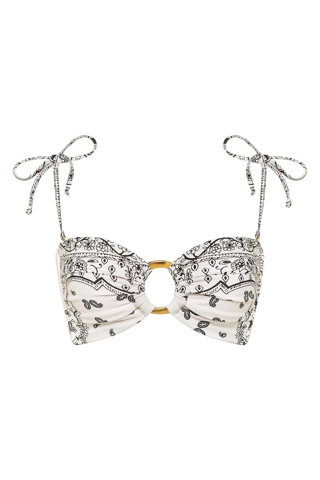 Cream bandeau bikini top with black bandana print, gold ring hardware, and tie-shoulder straps.