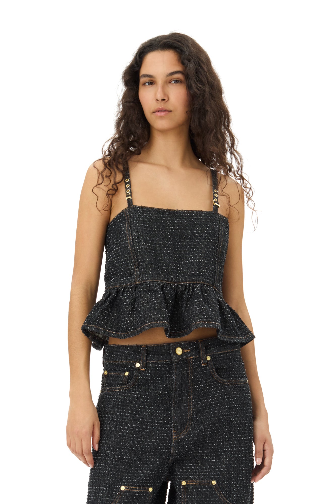 Fluffy Denim Strap Top | Black